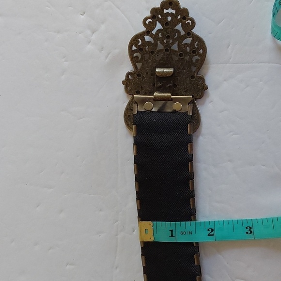 Vintage Dull BRASS Color Metal Accordian Style Belt Crystals Intricate Detail M main image 4